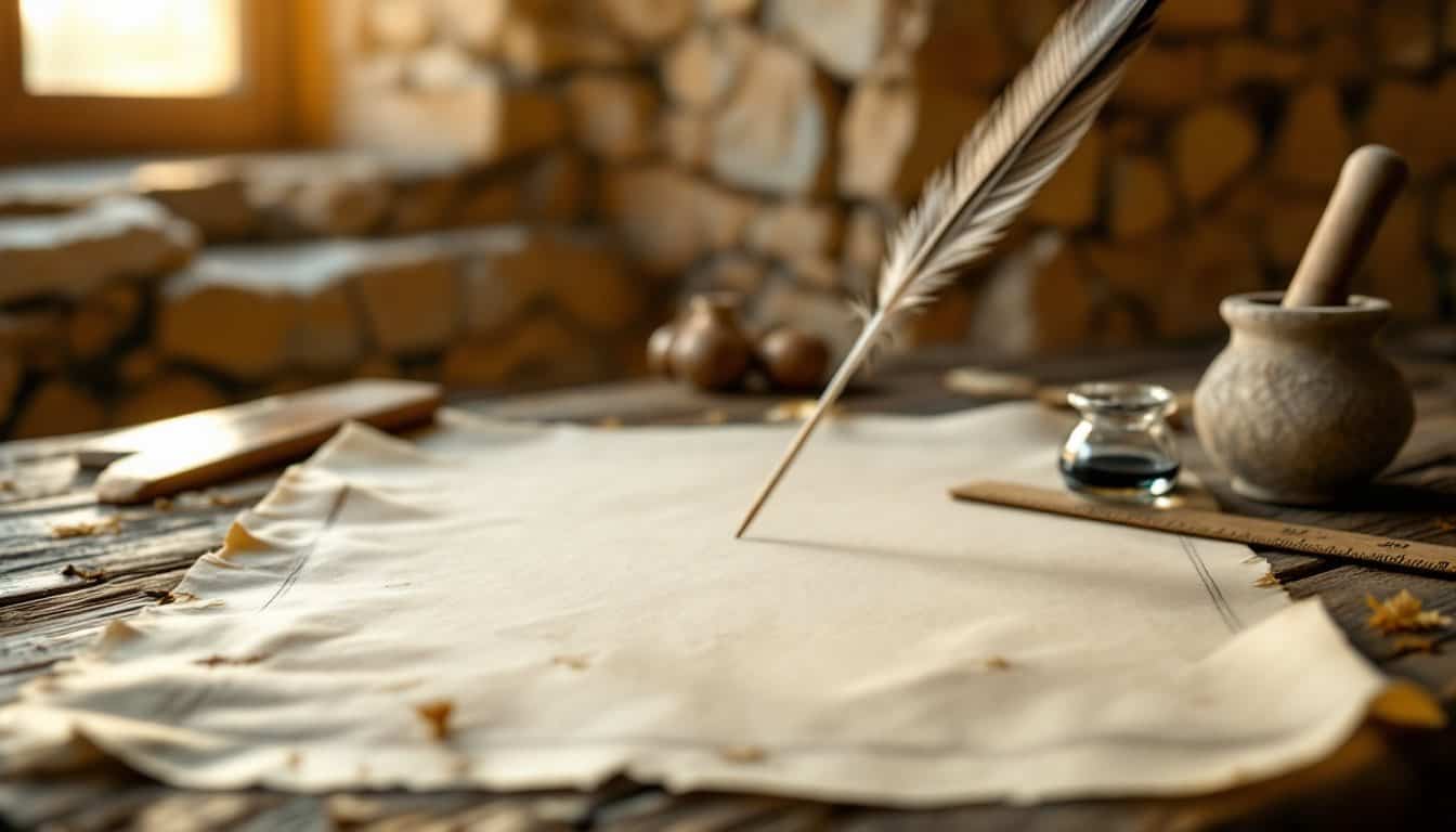 Table de scribe avec une feuille de parchemin vierge, une plume d’oie posée dans un encrier, une règle et un mortier de pierre, dans la lumière dorée d’une fenêtre