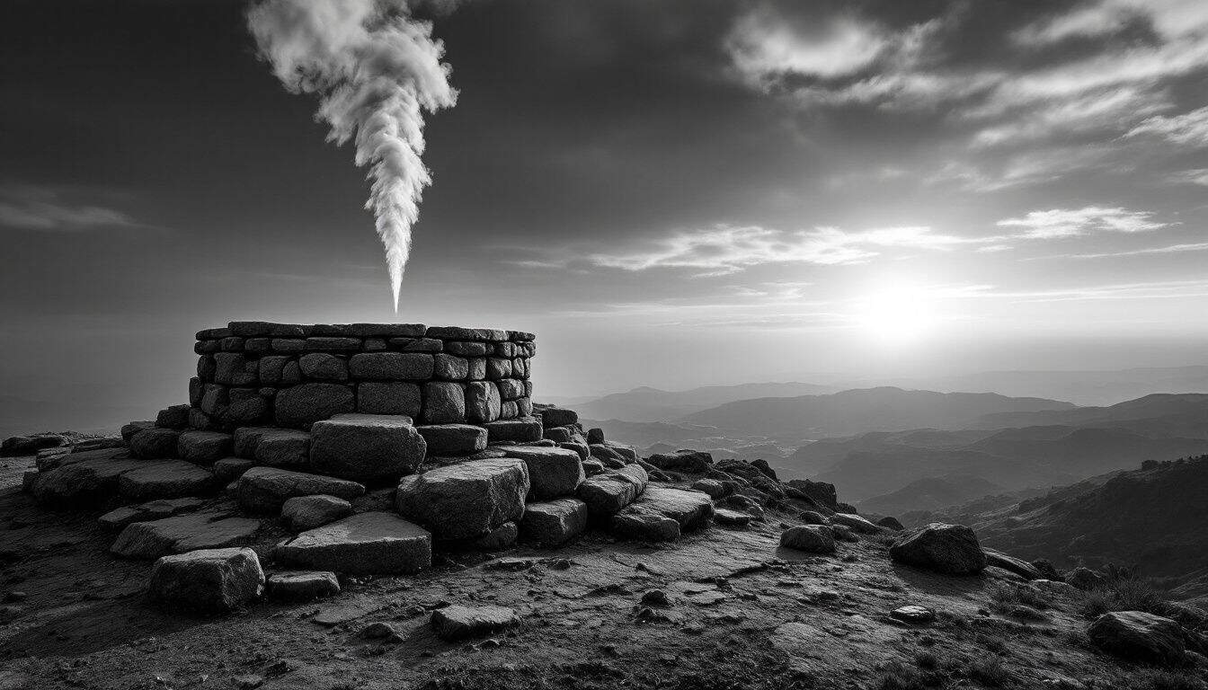 Autel de pierres brutes sur une hauteur rocheuse, une mince colonne de fumée montant dans le ciel de l’aube