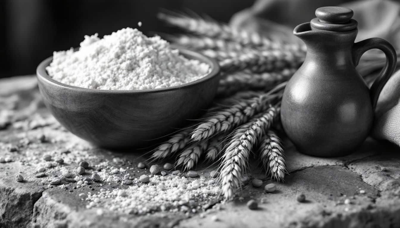 Bol de fleur de farine, cruche d’huile et épis de blé posés sur une pierre : les éléments de l’offrande végétale (minha)