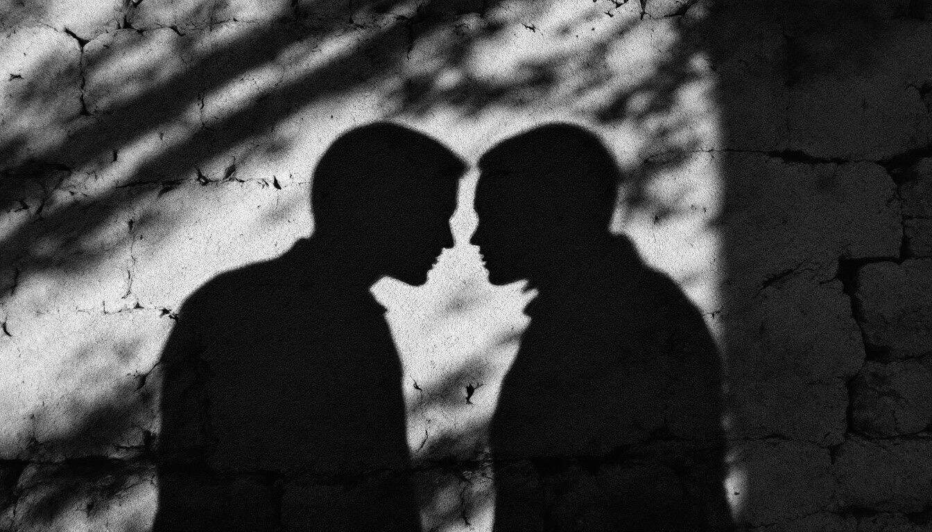 Deux ombres sur un vieux mur de pierre, l’une penchée vers l’autre comme pour chuchoter