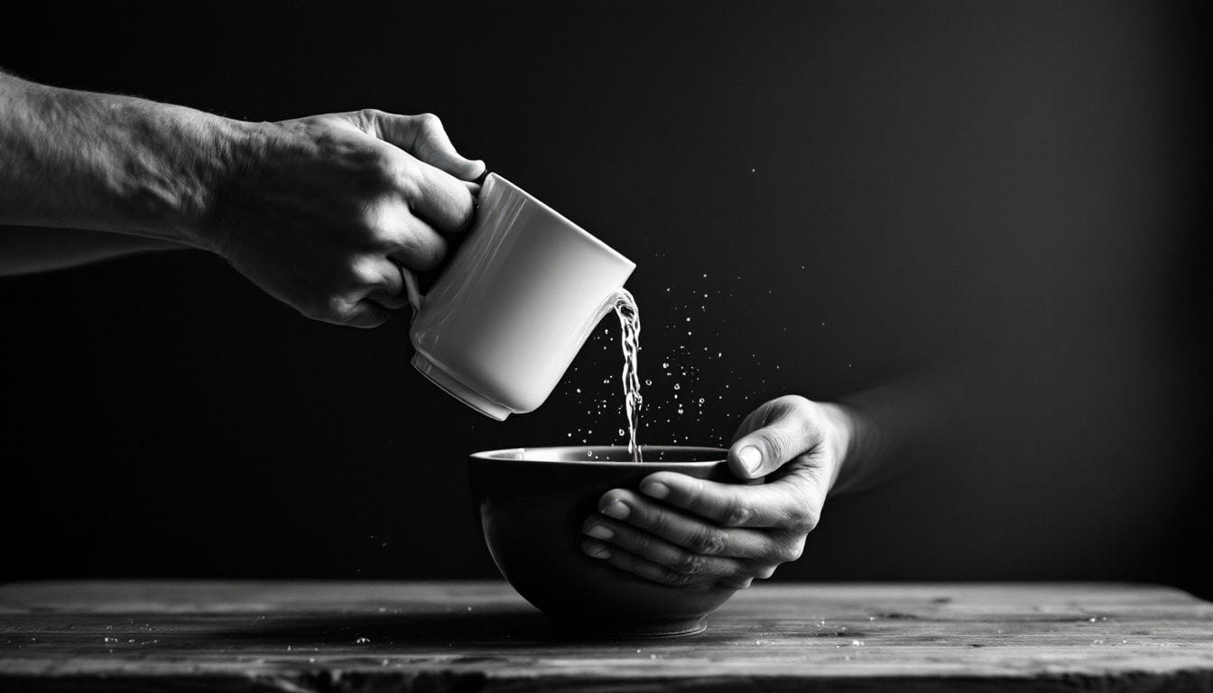 Mains versant l’eau d’une tasse au-dessus d’un bol, en noir et blanc, sur une table de bois