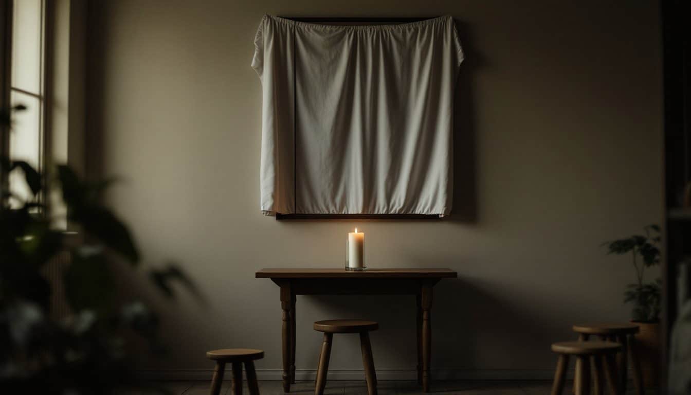 Une maison en deuil : un miroir mural entièrement couvert d’un drap blanc, une bougie de souvenir allumée sur une petite table en bois et des tabourets bas
