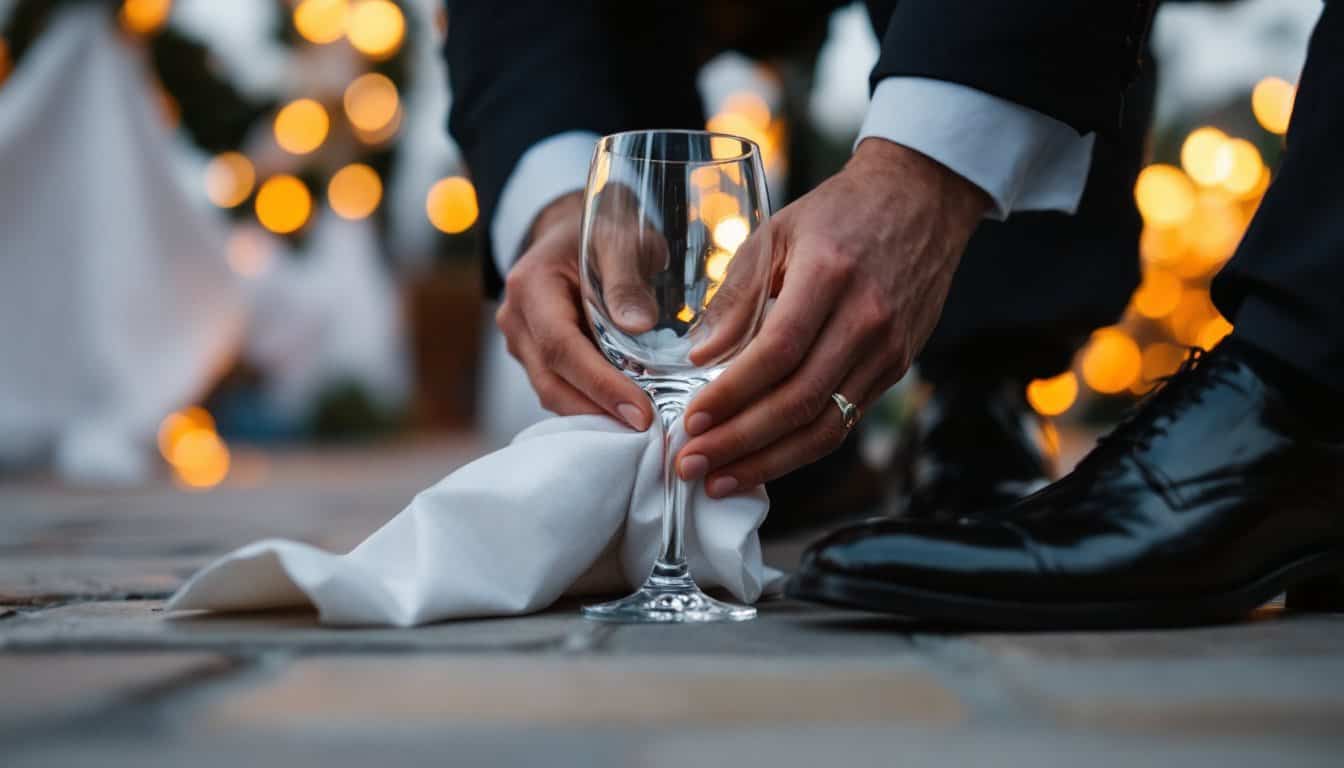 Les mains du marié enveloppent un verre dans une serviette blanche, posé sur le sol de pierre près de sa chaussure, juste avant de le briser
