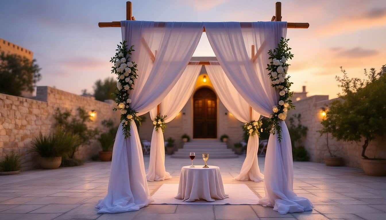 Houppa, dais nuptial drapé de voiles blancs et de fleurs, dressée en plein air dans une cour de pierre de Jérusalem au coucher du soleil, avec deux coupes de vin sur une petite table
