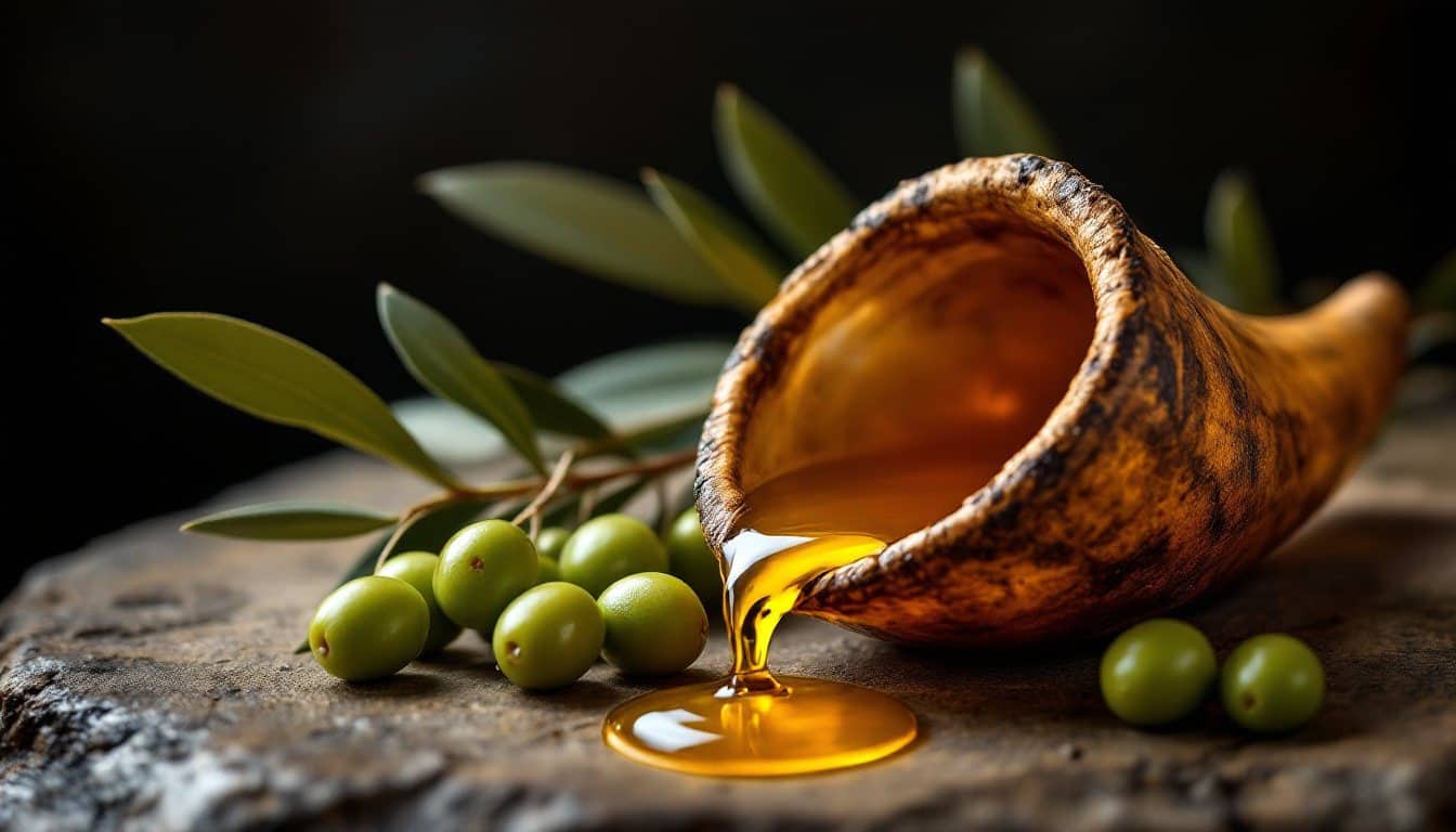 Une corne ancienne d’où coule de l’huile d’olive dorée, posée sur une pierre à côté d’un rameau d’olivier et d’olives vertes