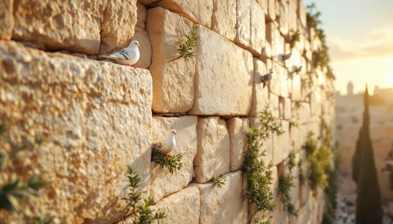 Les grandes pierres anciennes du Mur occidental à Jérusalem, éclairées par le soleil levant, avec des colombes et des plantes poussant entre les blocs