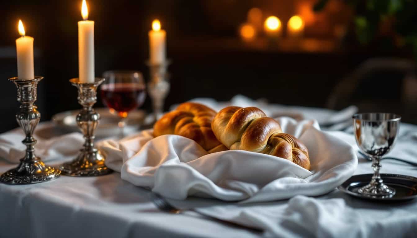 Une table de Chabbat dressée : bougies allumées dans des chandeliers d’argent, deux hallot tressées posées dans un linge blanc et une coupe de Kiddouch