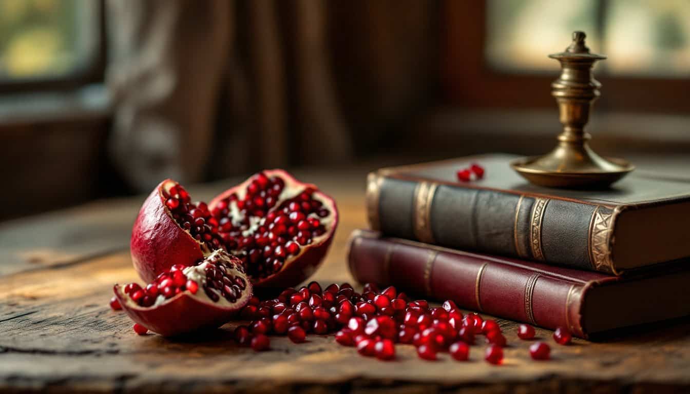 Une grenade ouverte dont les graines rouges se répandent sur une table en bois, à côté de deux livres anciens reliés de cuir et d’un bougeoir en laiton