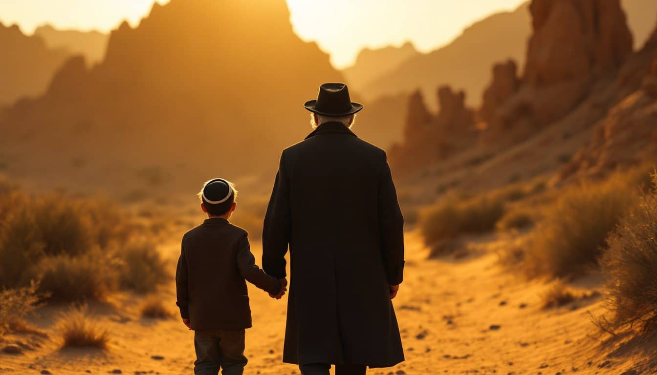 Un grand-père en manteau et chapeau noirs et un jeune garçon portant une kippa, vus de dos, marchent main dans la main sur un sentier du désert vers une montagne au lever du soleil
