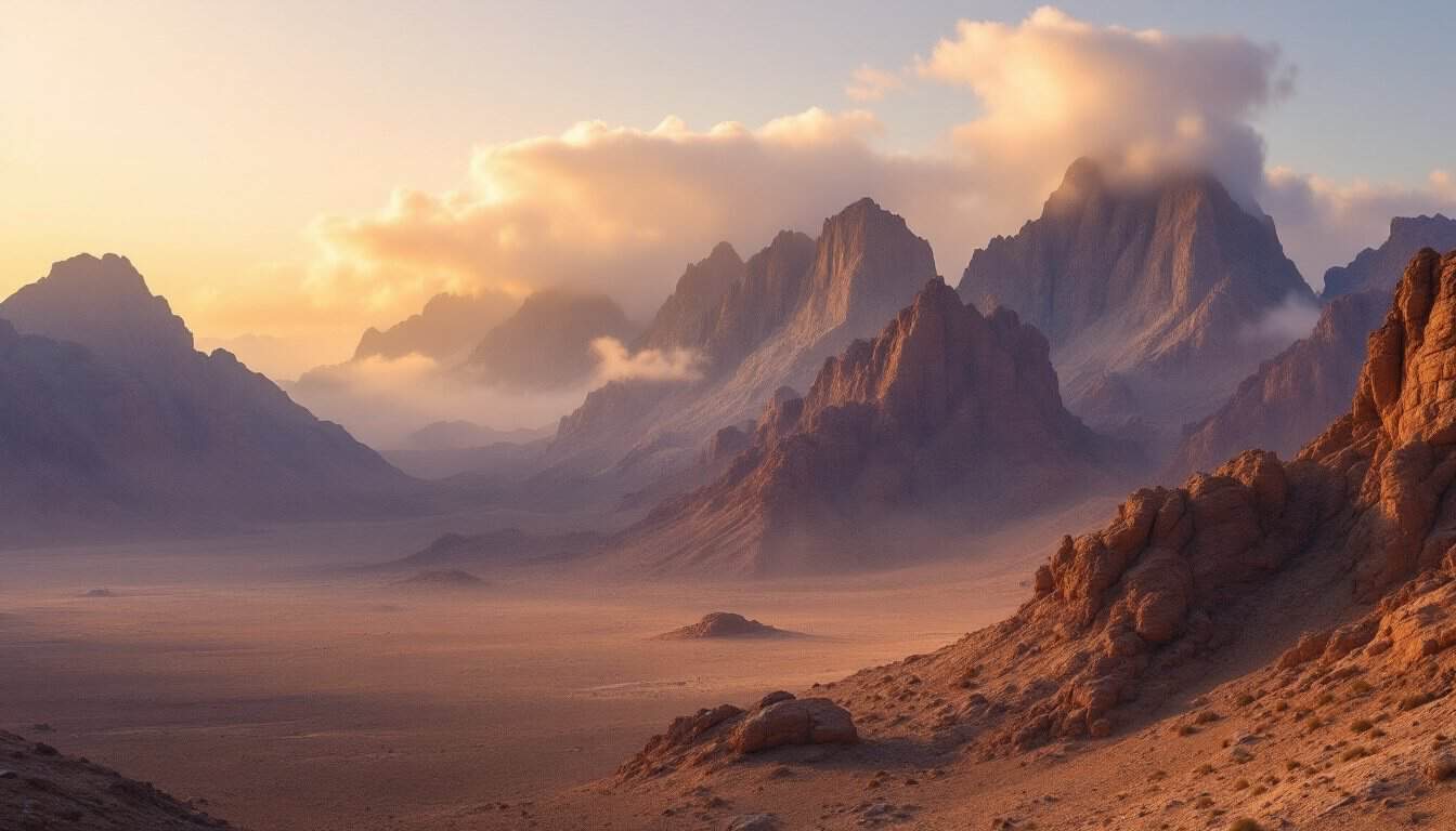 Sommets rocheux du désert du Sinaï à l’aube, la lumière dorée perçant les nuages au-dessus des montagnes