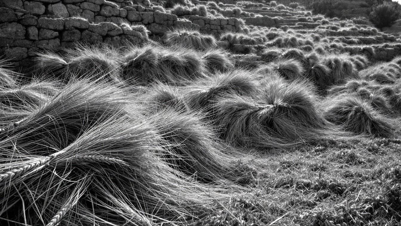 Gerbes de blé mûr rassemblées sur une aire de battage en terre d’Israël, photographie en noir et blanc