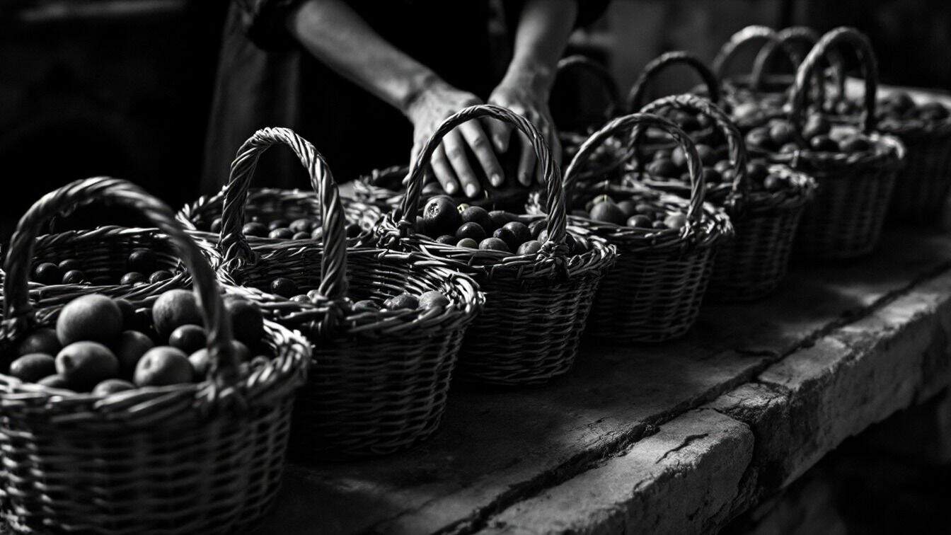 Dix paniers d’olives, de figues et de raisins sur une table de pierre, l’un mis à part, photographie en noir et blanc