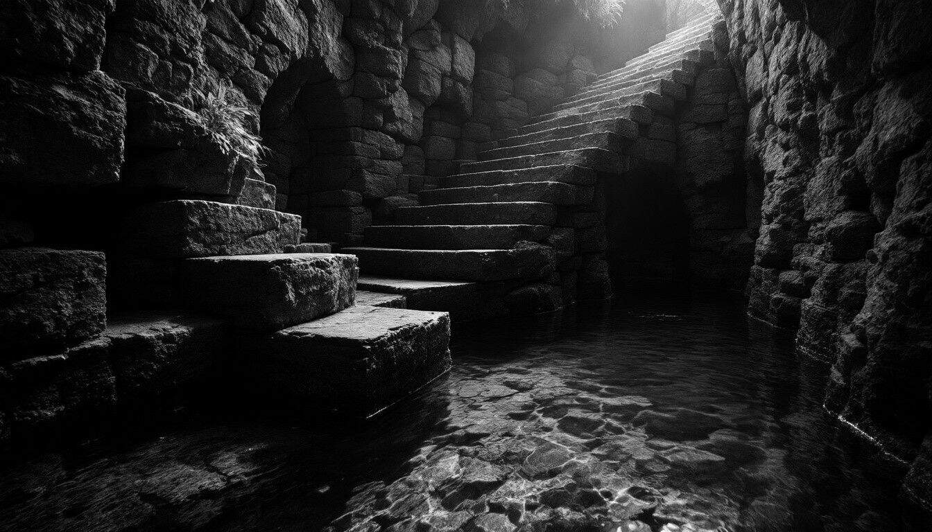 Escalier de pierre descendant vers un bassin d’eau claire dans un mikvé ancien, lumière douce filtrant d’en haut