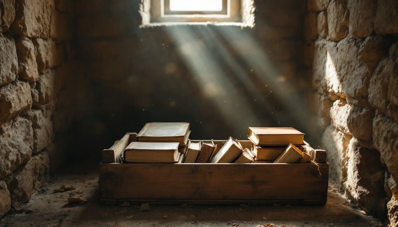 Une caisse en bois remplie de vieux livres usés, dans le coin d’une pièce en pierre éclairée par un rayon de lumière