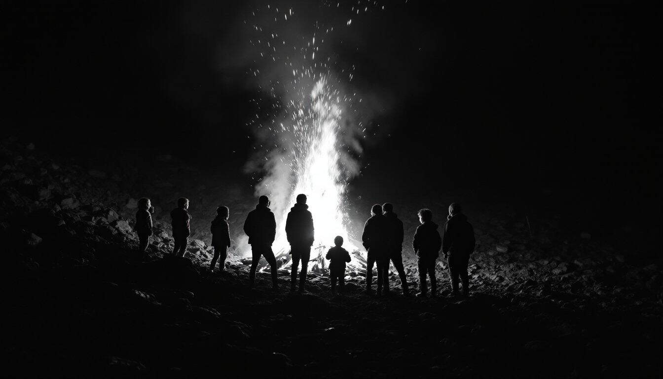 Feu de joie sur une colline rocailleuse la nuit, silhouettes d’enfants et d’adultes vus de dos devant les flammes, comme à Lag Baomer
