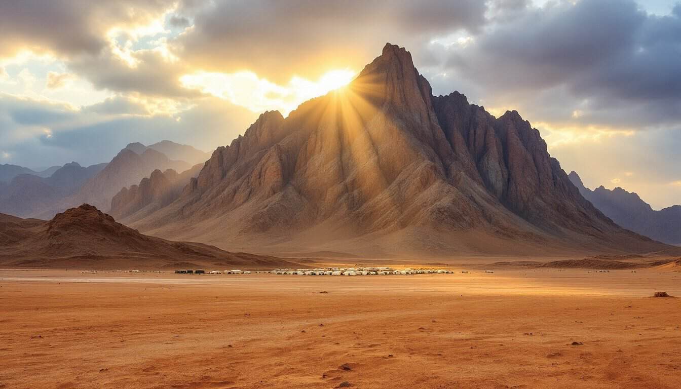 Une montagne de granit du désert du Sinaï à l’aube, traversée de rayons de lumière, avec un campement de tentes au pied de la montagne