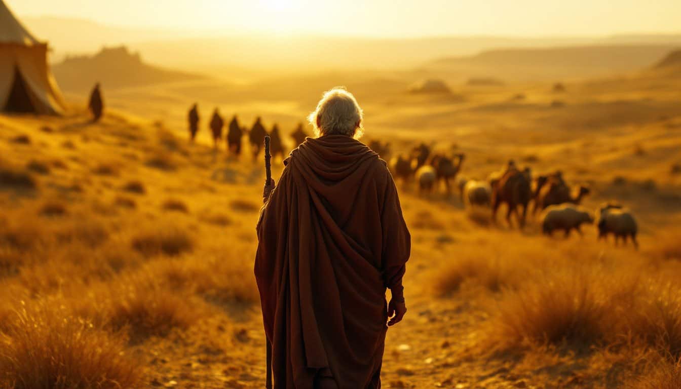Un vieil homme vu de dos, bâton à la main, marchant au soleil levant avec une caravane de chameaux et de moutons à travers les collines du désert, évoquant le départ d’Avraham