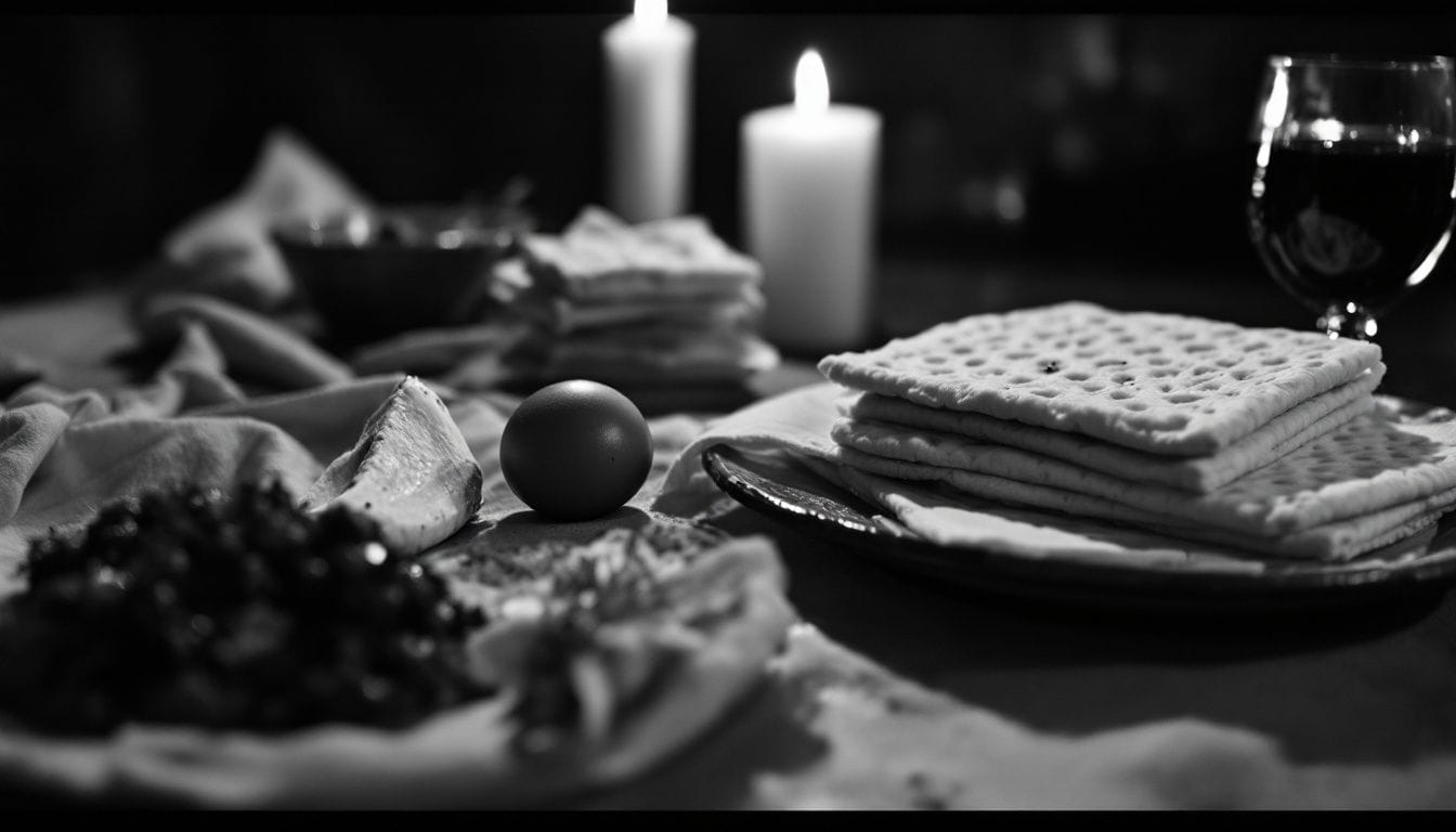 Table du séder vue de dos : plat du séder, matsot recouvertes d’un linge et coupe de vin, lumière douce de bougies