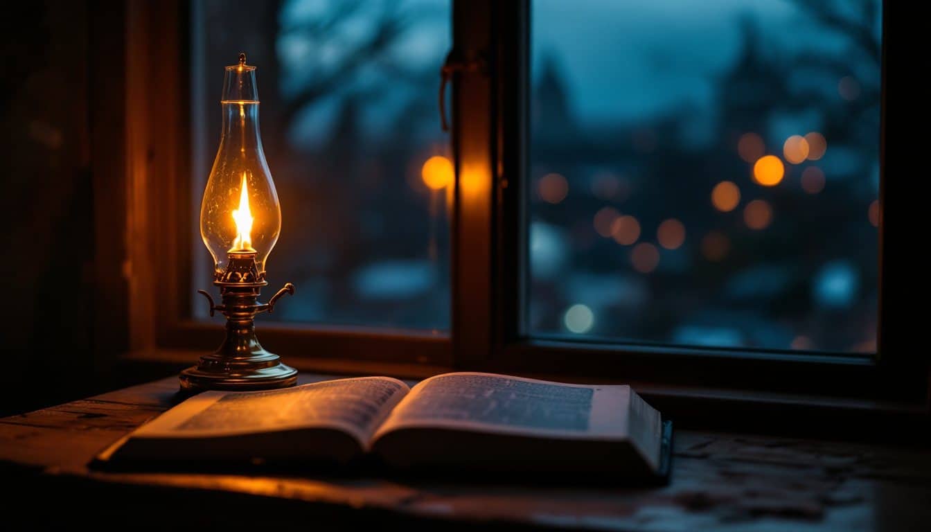 Une lampe à huile allumée près d'un livre ouvert, devant une fenêtre donnant sur les lumières d'une ville le soir