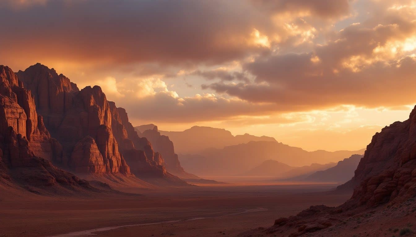 Montagnes de granit rouge du désert du Sinaï au lever du soleil, sous un ciel doré traversé de nuages