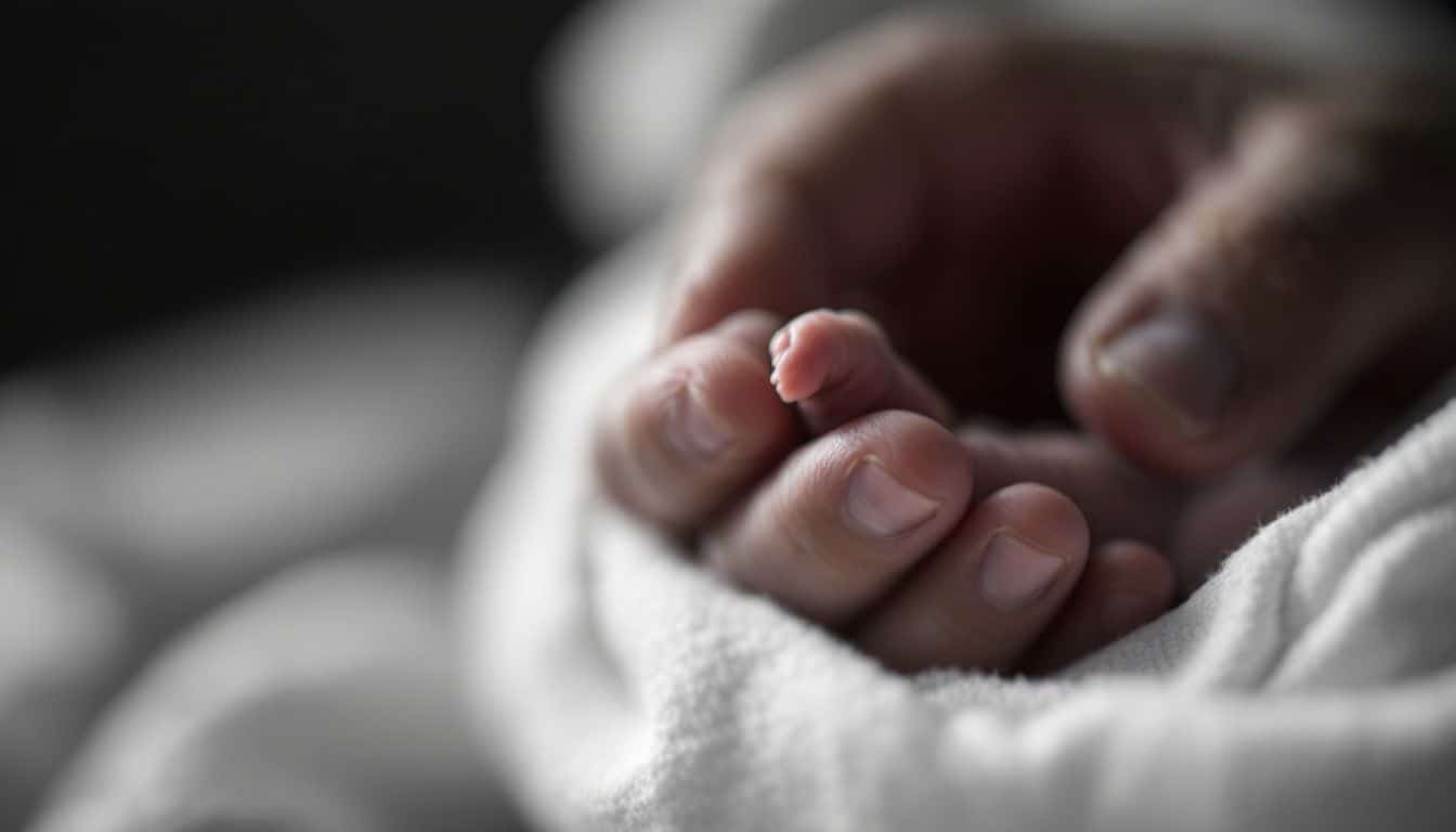 Main minuscule d’un nouveau-né serrant le doigt de son père, emmitouflée dans un linge blanc