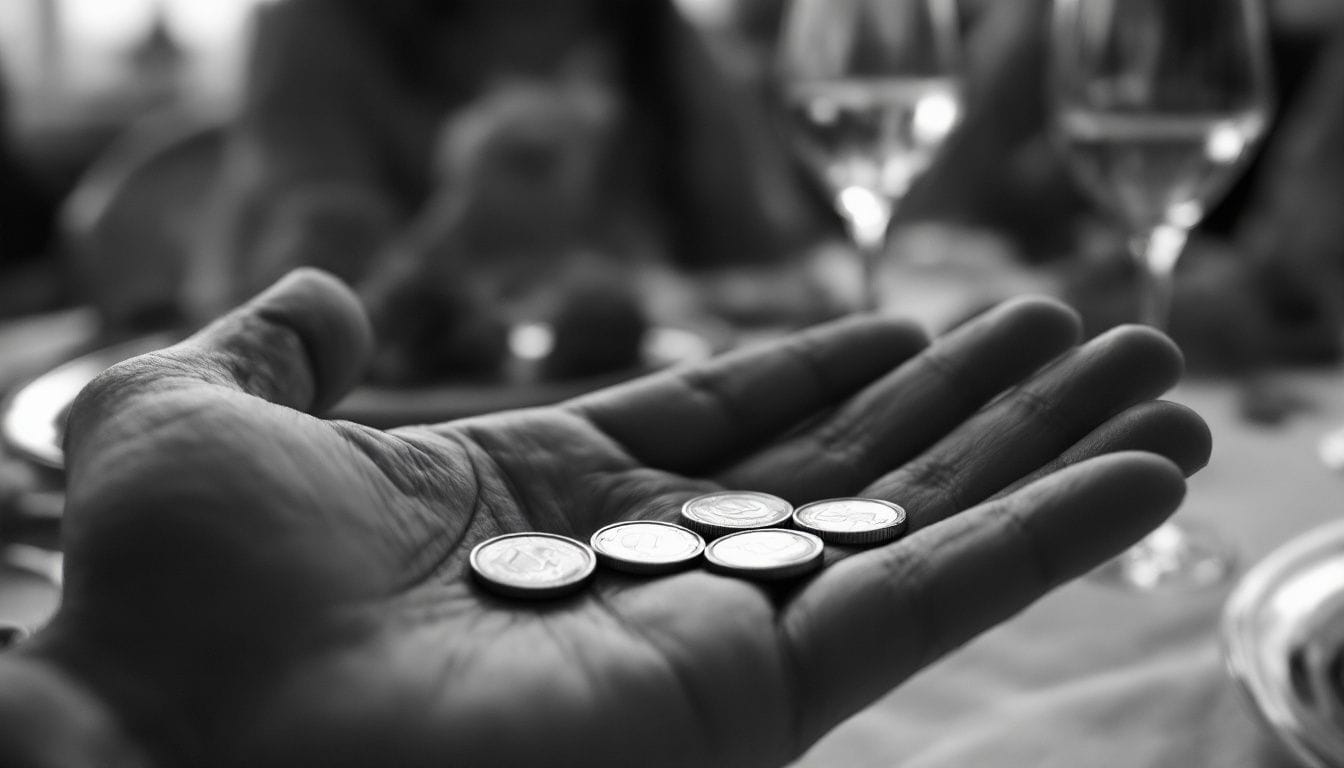 Cinq pièces d’argent dans la paume d’une main, au-dessus d’une table de fête aux verres flous
