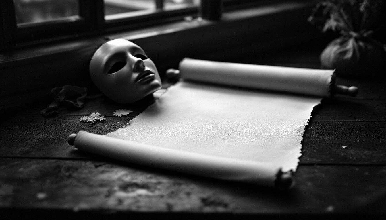 Un rouleau de parchemin déroulé sur une table de bois, à côté d’un masque de fête et d’un petit paquet de nourriture