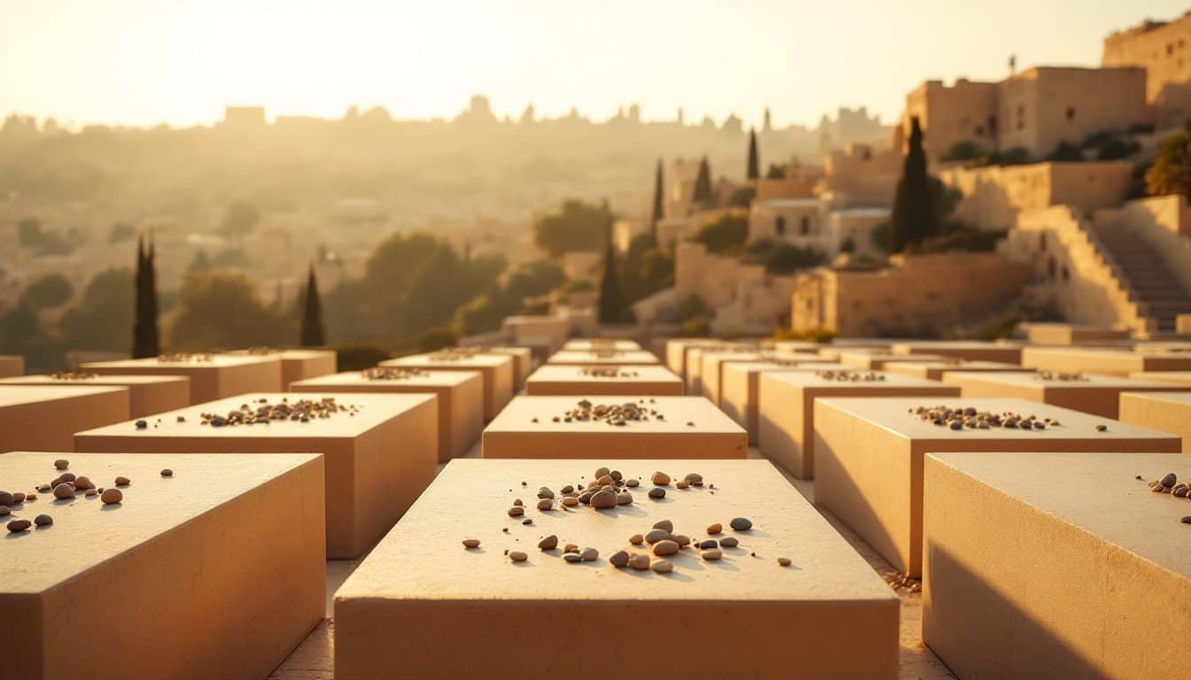 Tombes juives en pierre claire de Jérusalem couvertes de petits cailloux, dans la lumière dorée du soir