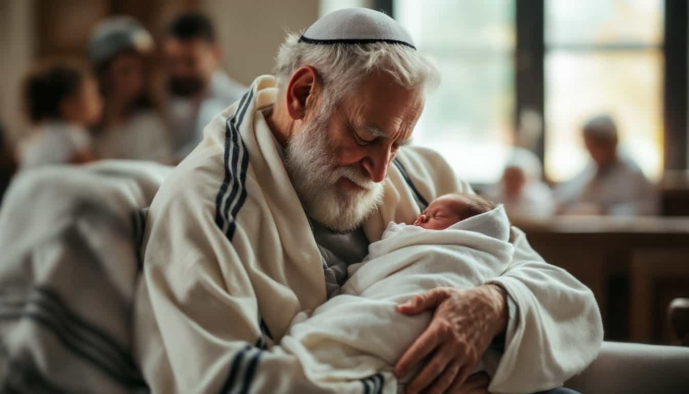 Un grand-père à barbe blanche, portant une kippa et un talith, tient tendrement un nouveau-né emmailloté de blanc dans une synagogue