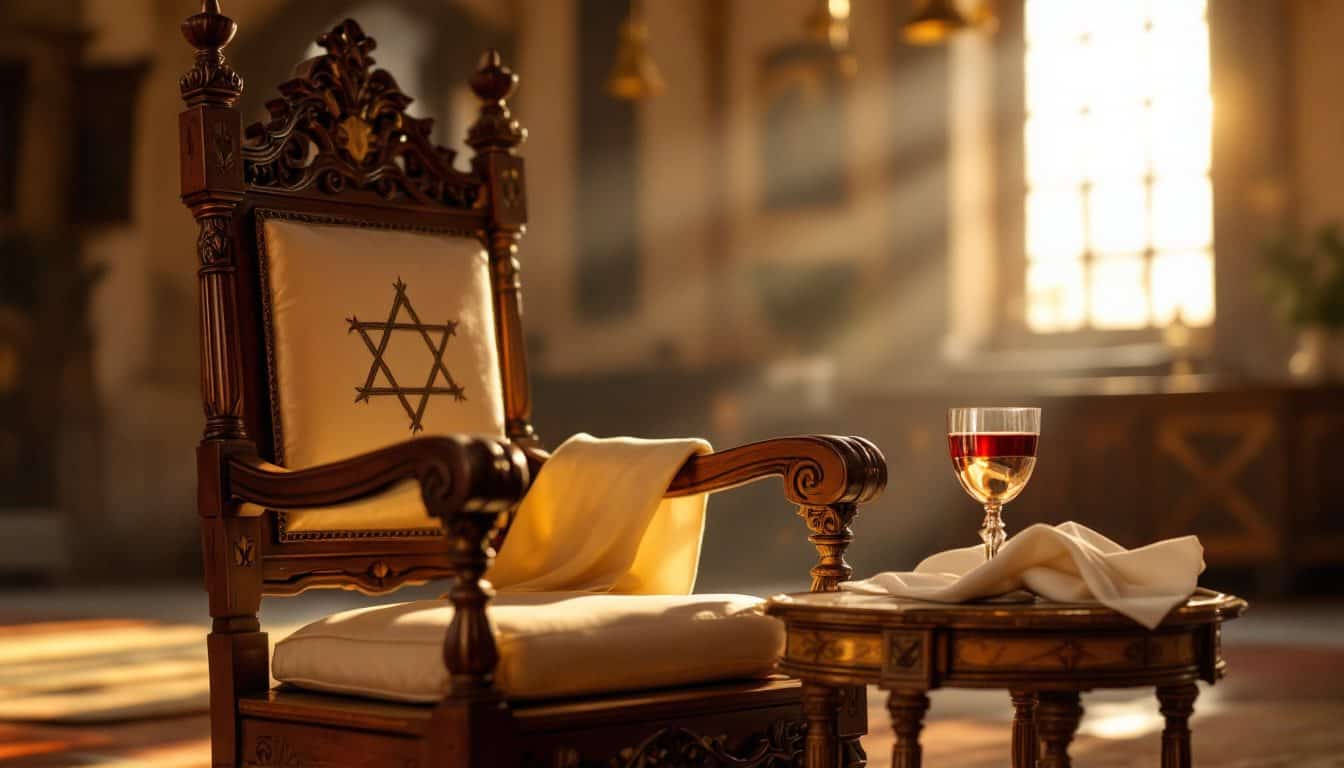 Fauteuil d'Eliyahou en bois sculpté avec un coussin blanc et une étoile de David, à côté d'une coupe de vin sur une petite table, dans une synagogue baignée de lumière
