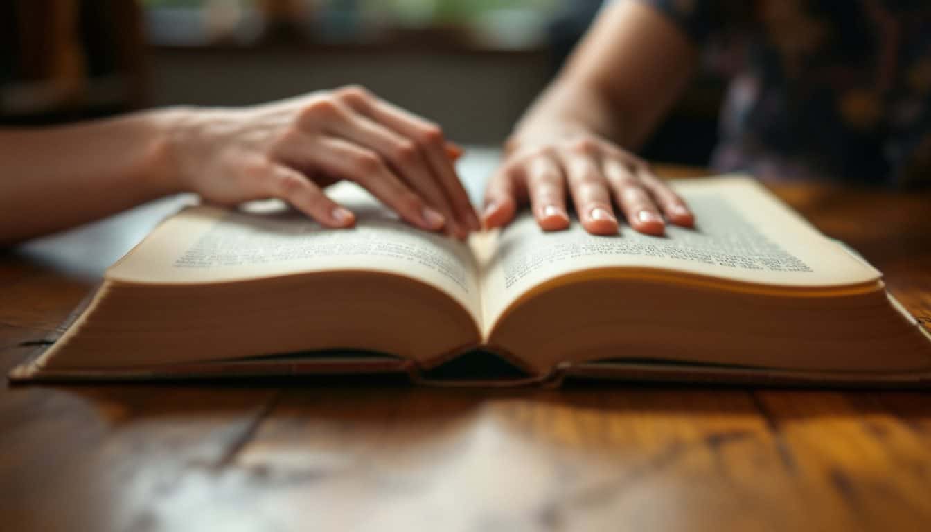 Deux mains posées sur un livre ancien ouvert, sur une table en bois, dans la lumière douce d'une fenêtre