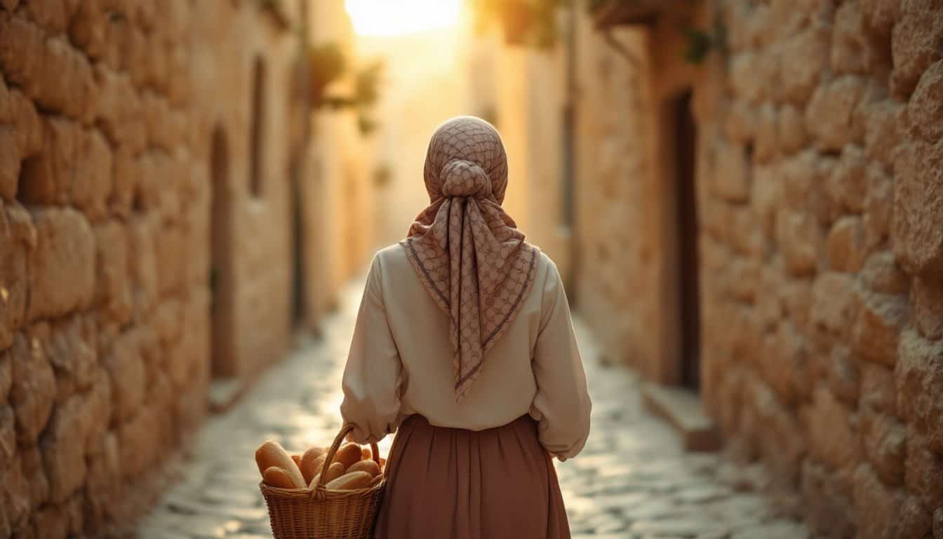 A woman seen from behind, her hair covered with a tied headscarf, wearing a long skirt and a long-sleeved blouse, walking down a stone alley in Jerusalem with a basket of bread