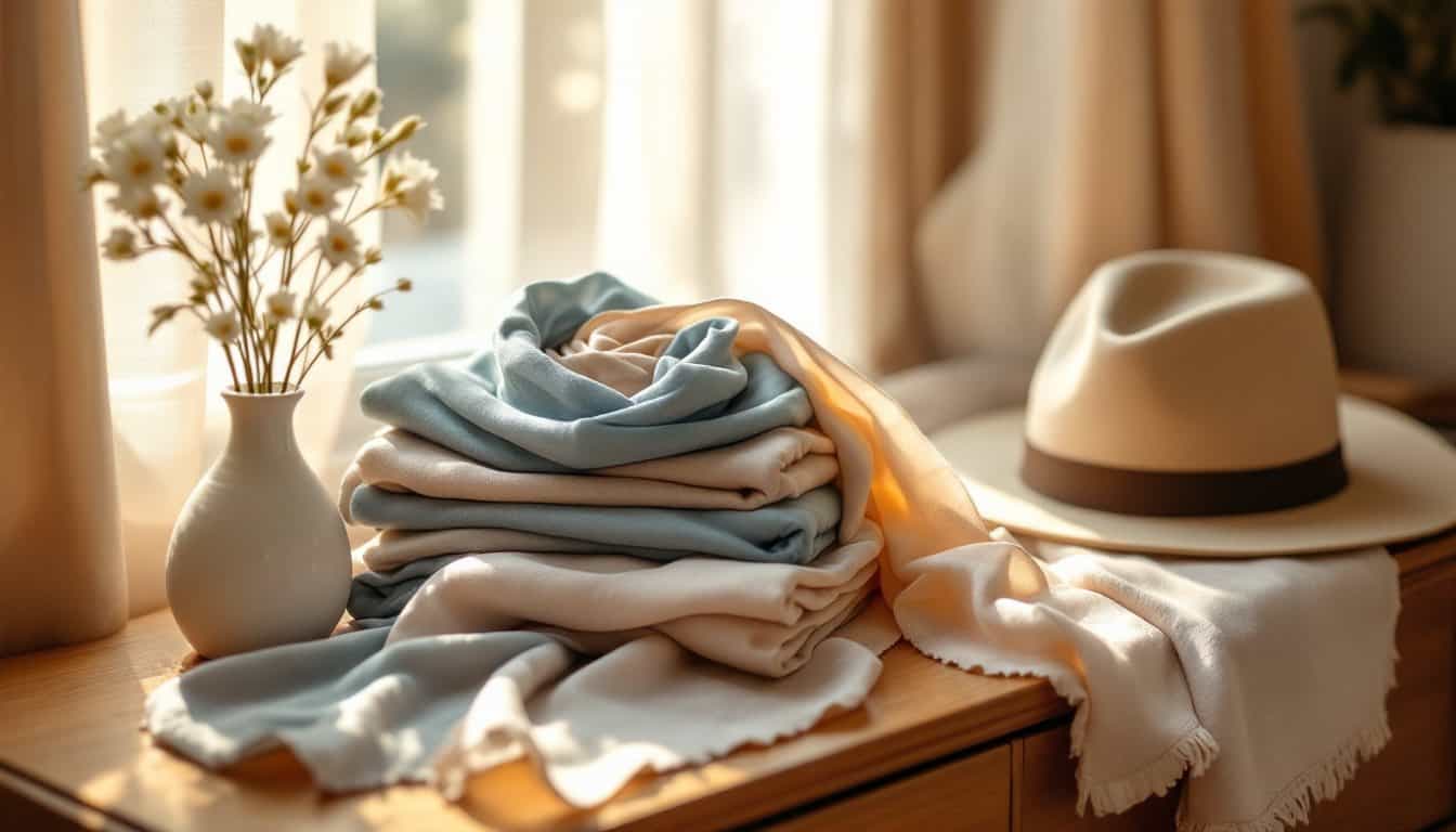 Foulards en soie et en lin pliés sur une commode en bois près d'un chapeau beige et d'un vase de fleurs blanches, dans la lumière du matin