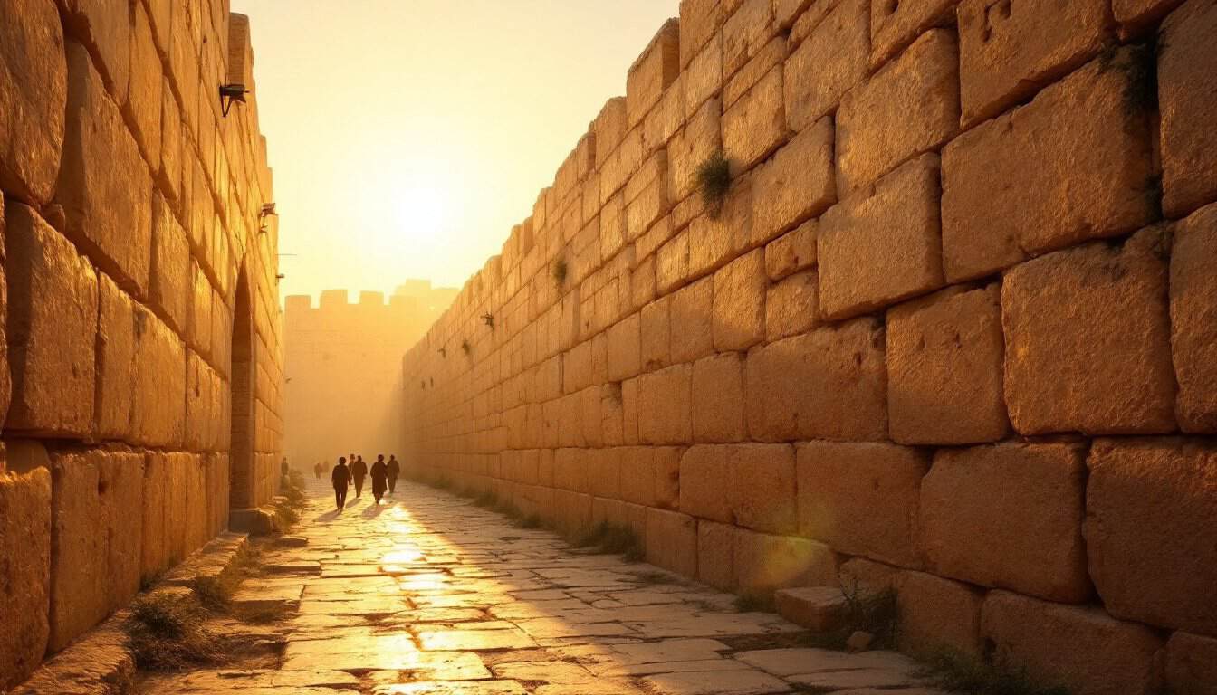 Les murailles de pierre de la vieille ville de Jérusalem au coucher du soleil, avec quelques passants au loin