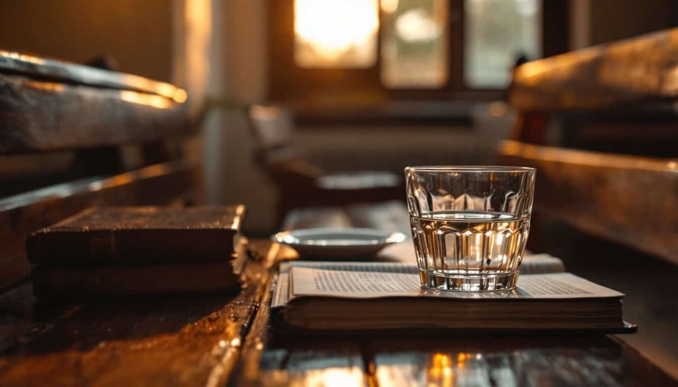 Un verre d'eau et une assiette vide posés sur un livre ouvert, sur un banc de bois éclairé par la lumière dorée du soir
