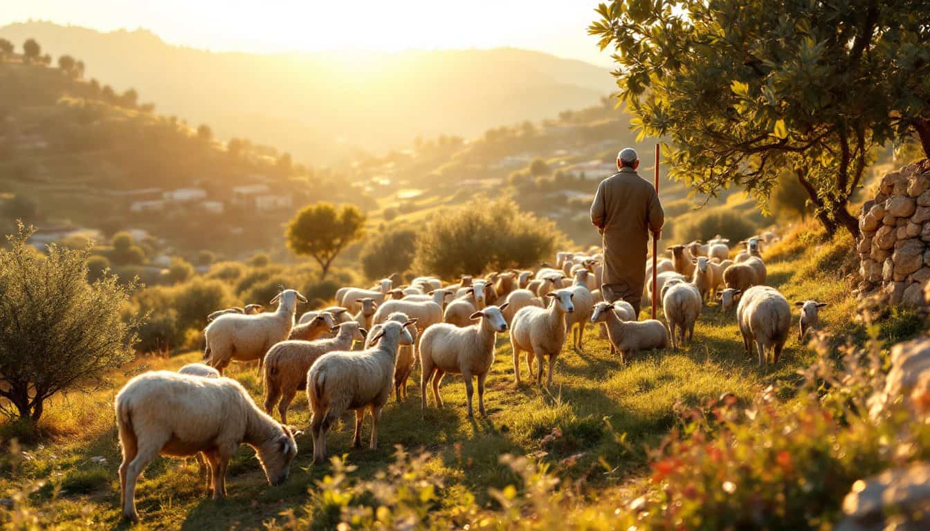 A flock of sheep and goats grazing on a Judean hillside planted with olive trees, a shepherd seen from behind at sunset