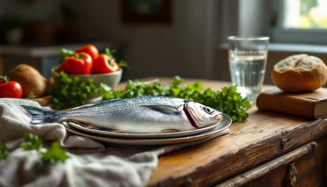 Un poisson entier aux écailles argentées et aux nageoires bien visibles sur une assiette, posé sur une table en bois avec des légumes frais, du pain et un livre ancien