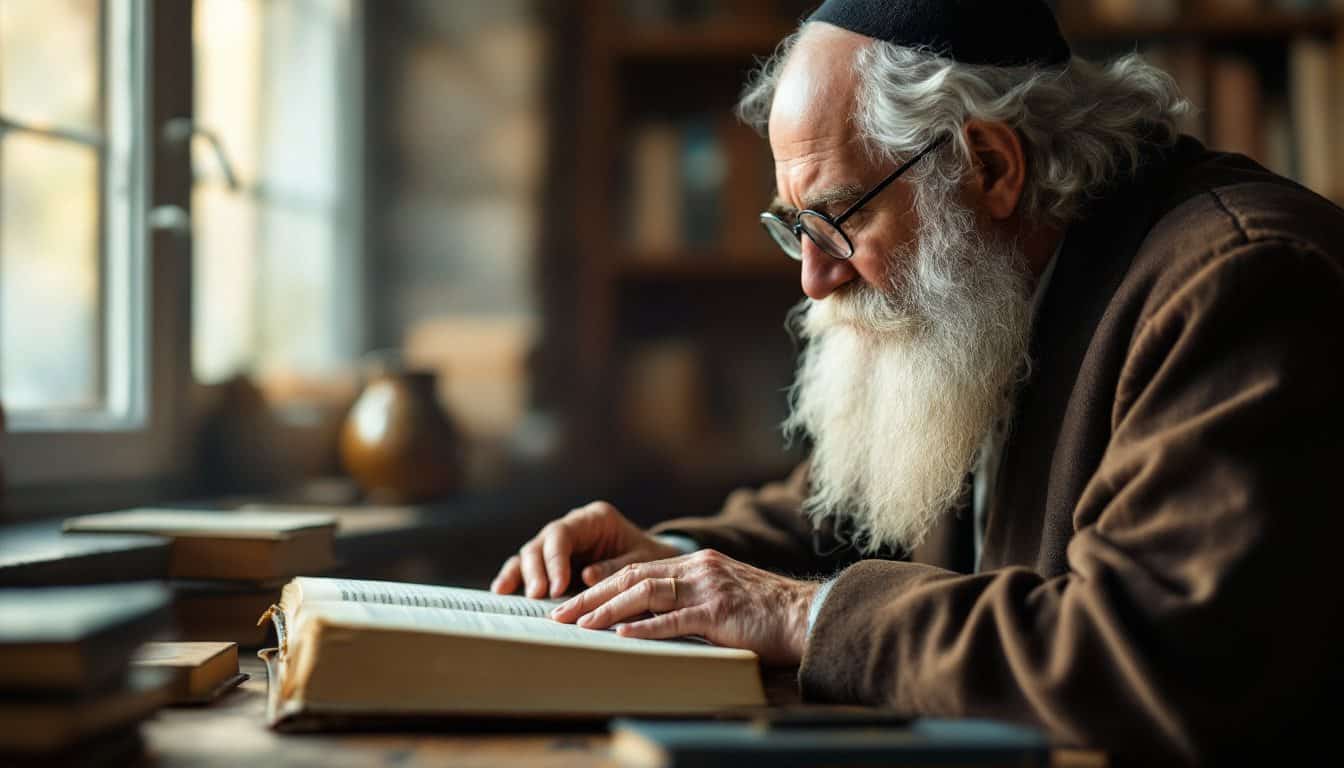 An elderly man with a long white beard, wearing a kippah, bent over an open book in a study hall lit by a window
