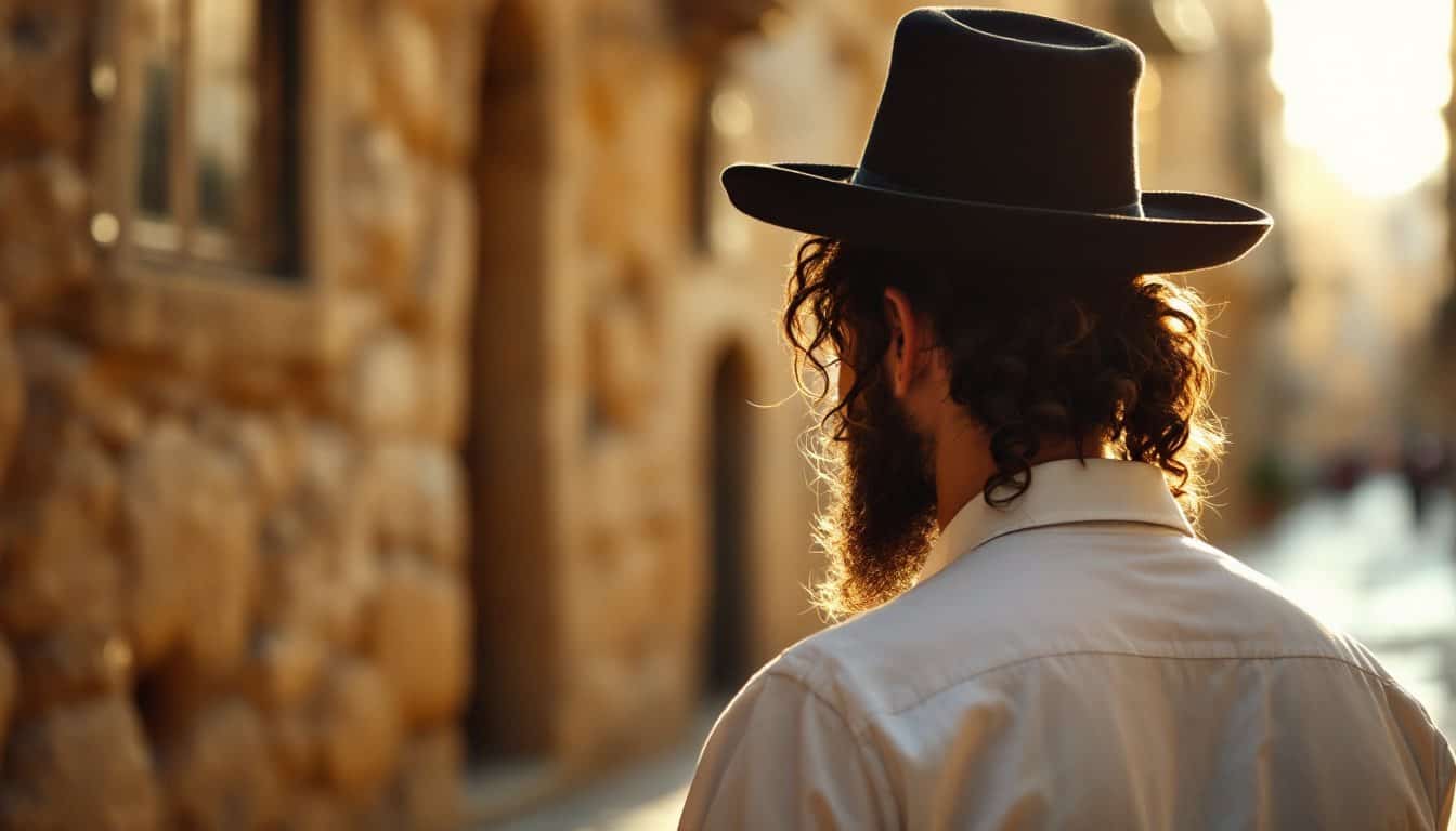 Un jeune juif orthodoxe vu de dos, chapeau noir, barbe et papillotes bouclées, dans une ruelle de pierre de Jérusalem au soleil couchant