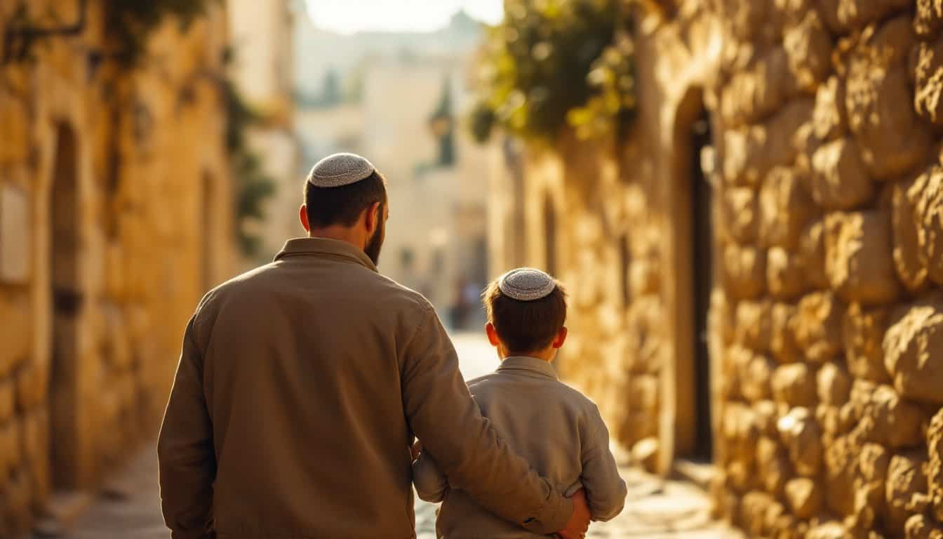 Un père et son fils vus de dos, portant chacun une kippa tricotée, marchant dans une ruelle de pierre de Jérusalem