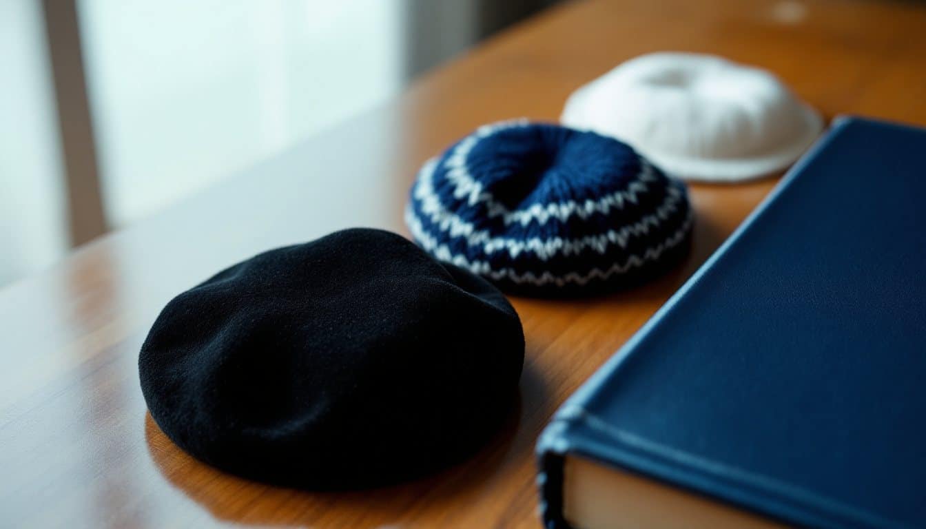 Trois kippot posées sur une table en bois : une kippa de velours noir, une kippa tricotée bleu marine et blanche et une kippa blanche, à côté d'un livre relié