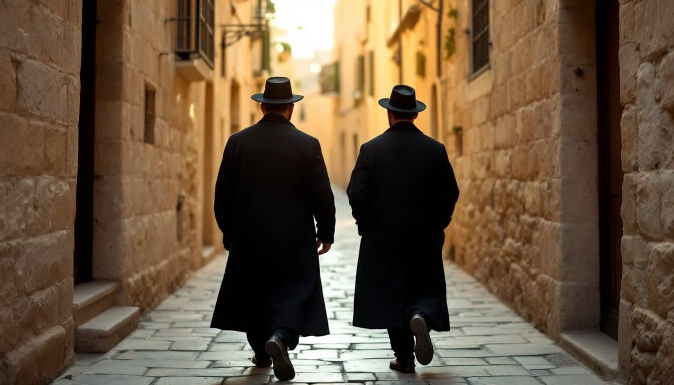 Two men in long black coats and black hats, seen from behind, walking down a stone alley in Jerusalem at sunset