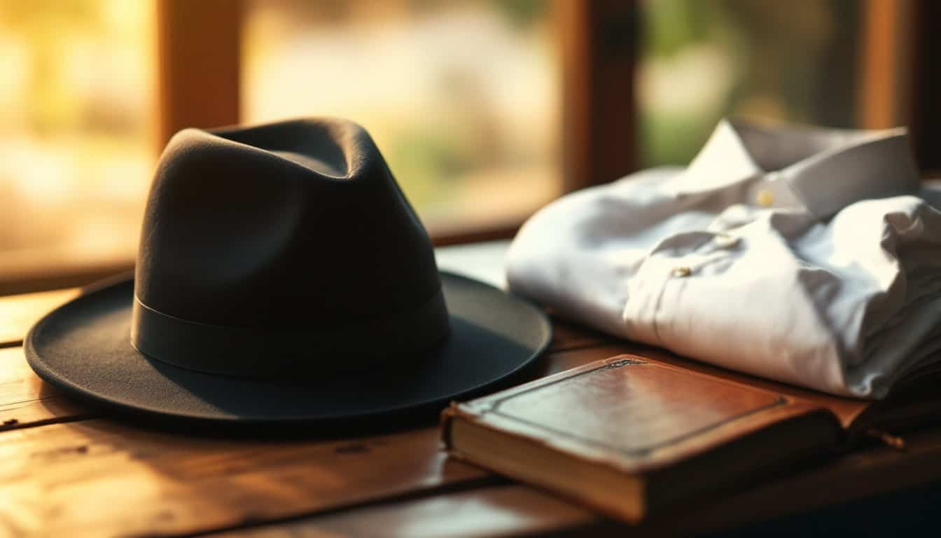 Un chapeau de feutre noir posé sur une table en bois à côté d'une chemise blanche pliée et d'un livre ancien relié de cuir, dans une lumière dorée