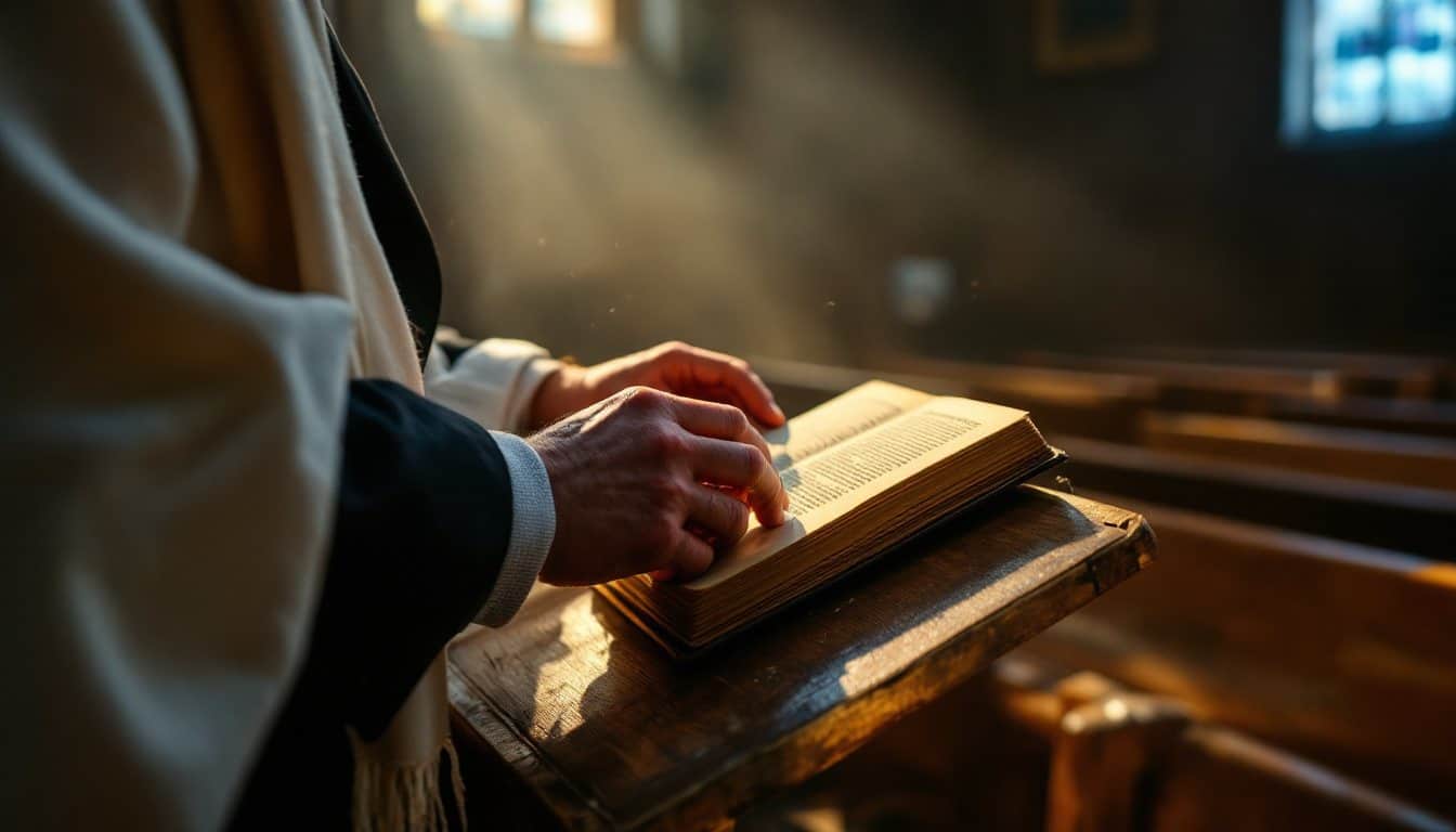 The hands of a man wearing a tallit resting on a prayer book open on a wooden lectern, in a synagogue lit by a ray of sunlight