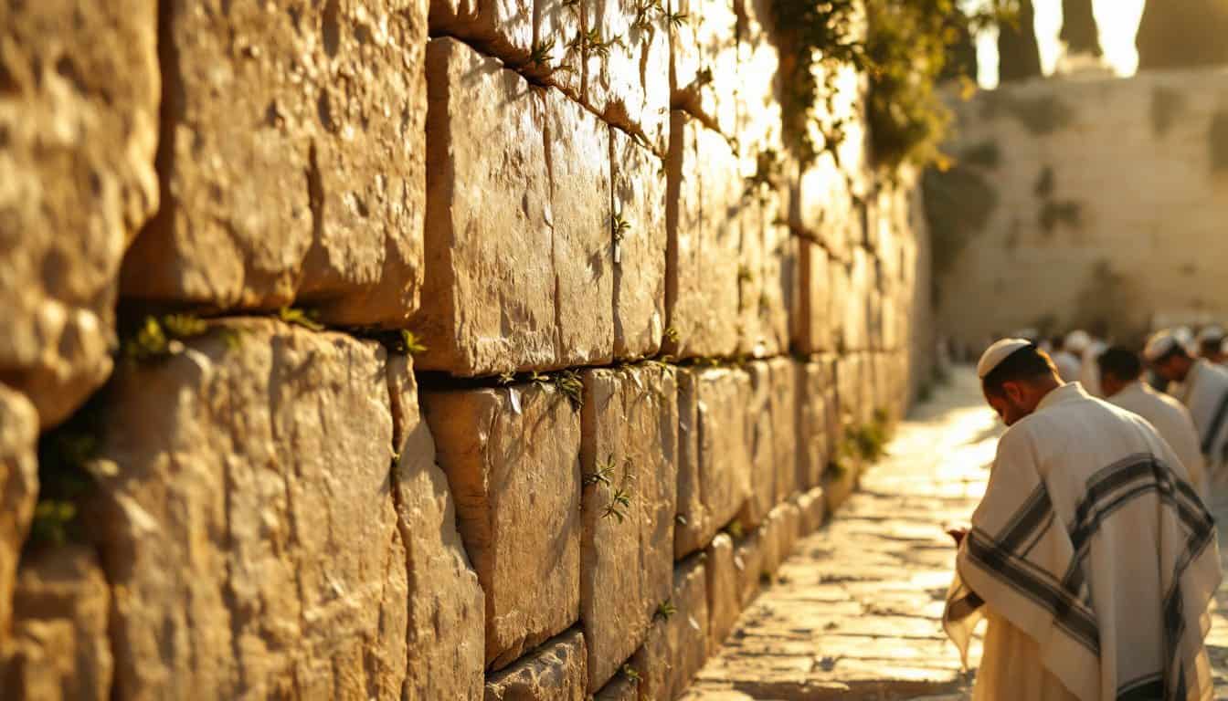 Des hommes en talit blanc rayé de noir priant de dos le long des grandes pierres du mur Occidental de Jérusalem, dans la lumière dorée du soir