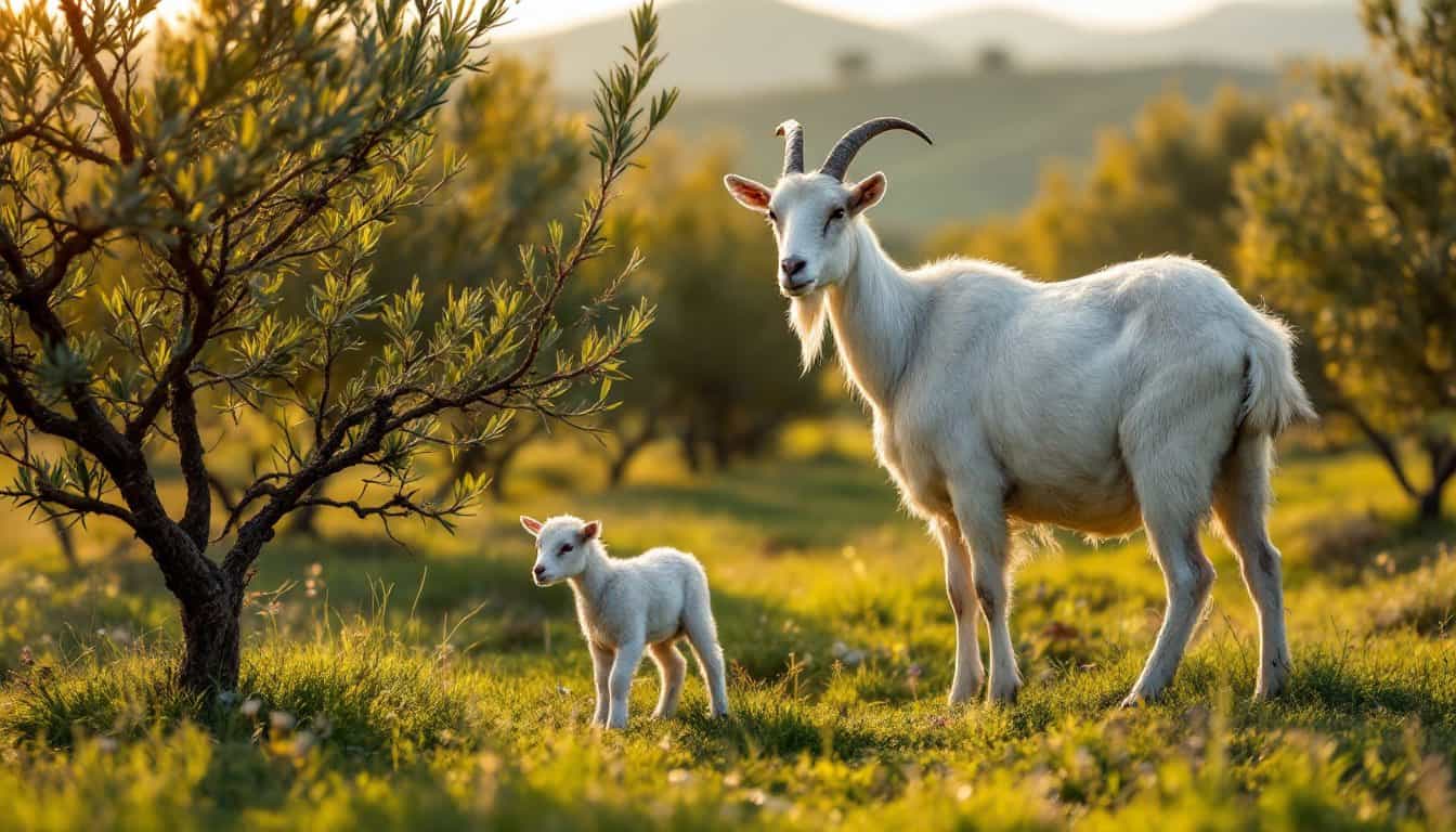 Une chèvre blanche et son chevreau dans une prairie parsemée d’oliviers, à la lumière dorée du soir