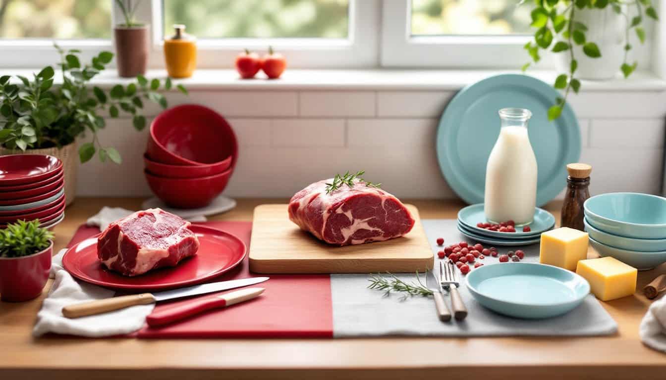 Plan de travail de cuisine séparé en deux côtés : à gauche de la vaisselle rouge et de la viande, à droite de la vaisselle bleue, une bouteille de lait et du fromage