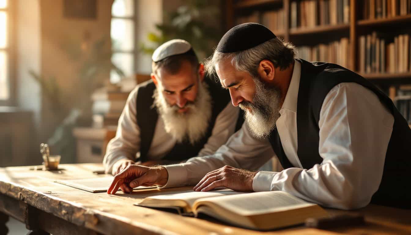 Un rabbin aux cheveux gris portant la kippa montre un passage du doigt dans un grand livre ouvert à un autre homme portant la kippa, penchés ensemble sur une table d’étude en bois