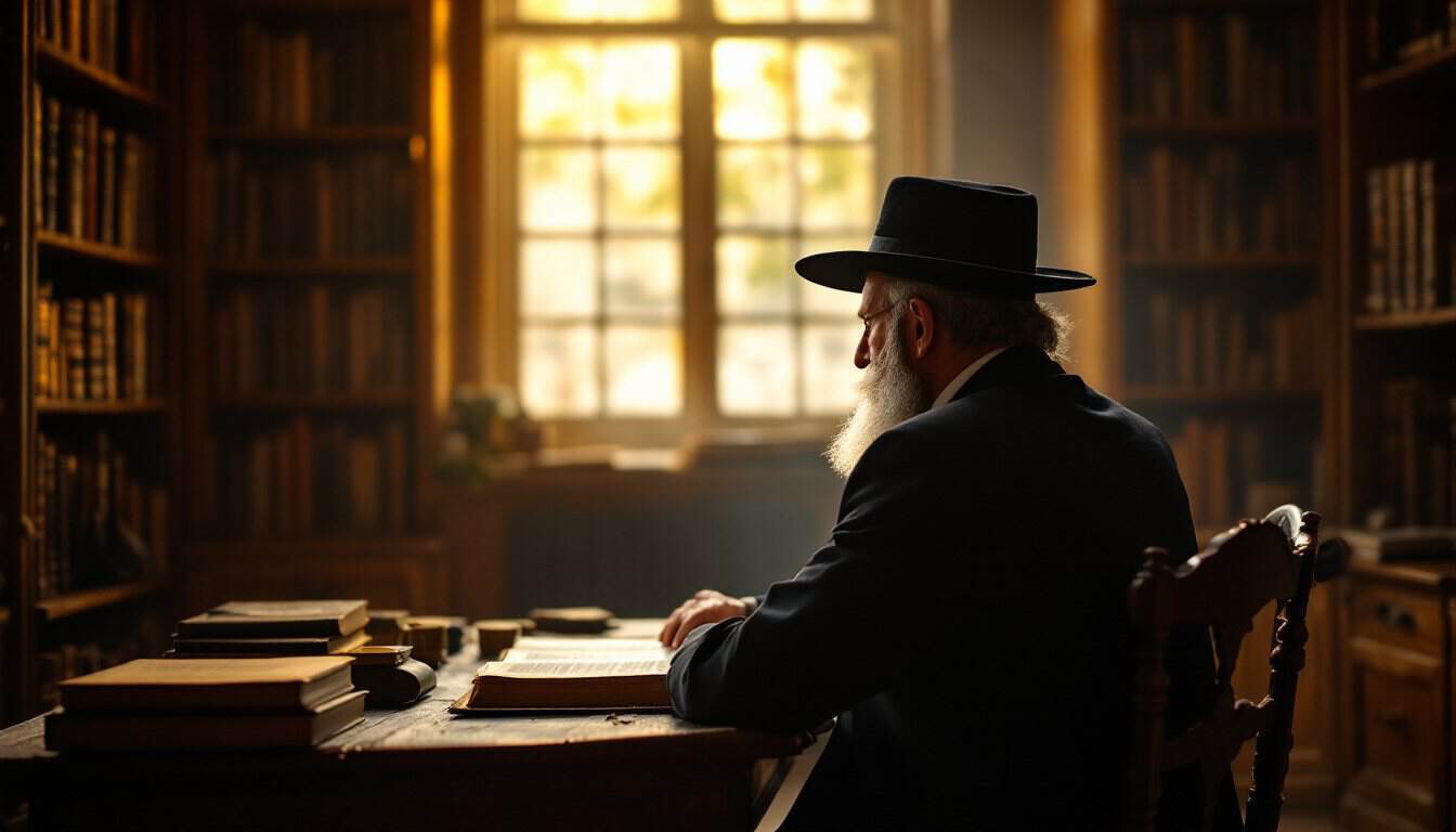 Un rabbin âgé à la barbe blanche, en costume et chapeau noirs, vu de dos, assis à une table d’étude devant un grand livre ouvert, dans une bibliothèque baignée de lumière dorée