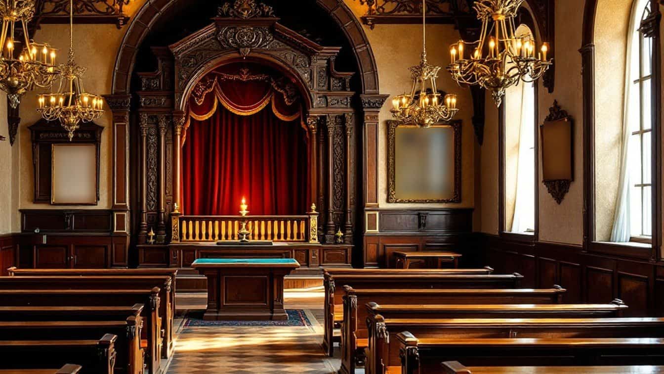 Intérieur d'une synagogue ancienne : l'arche sainte voilée d'un rideau de velours rouge, la table de lecture au centre, des bancs de bois et des lustres dorés